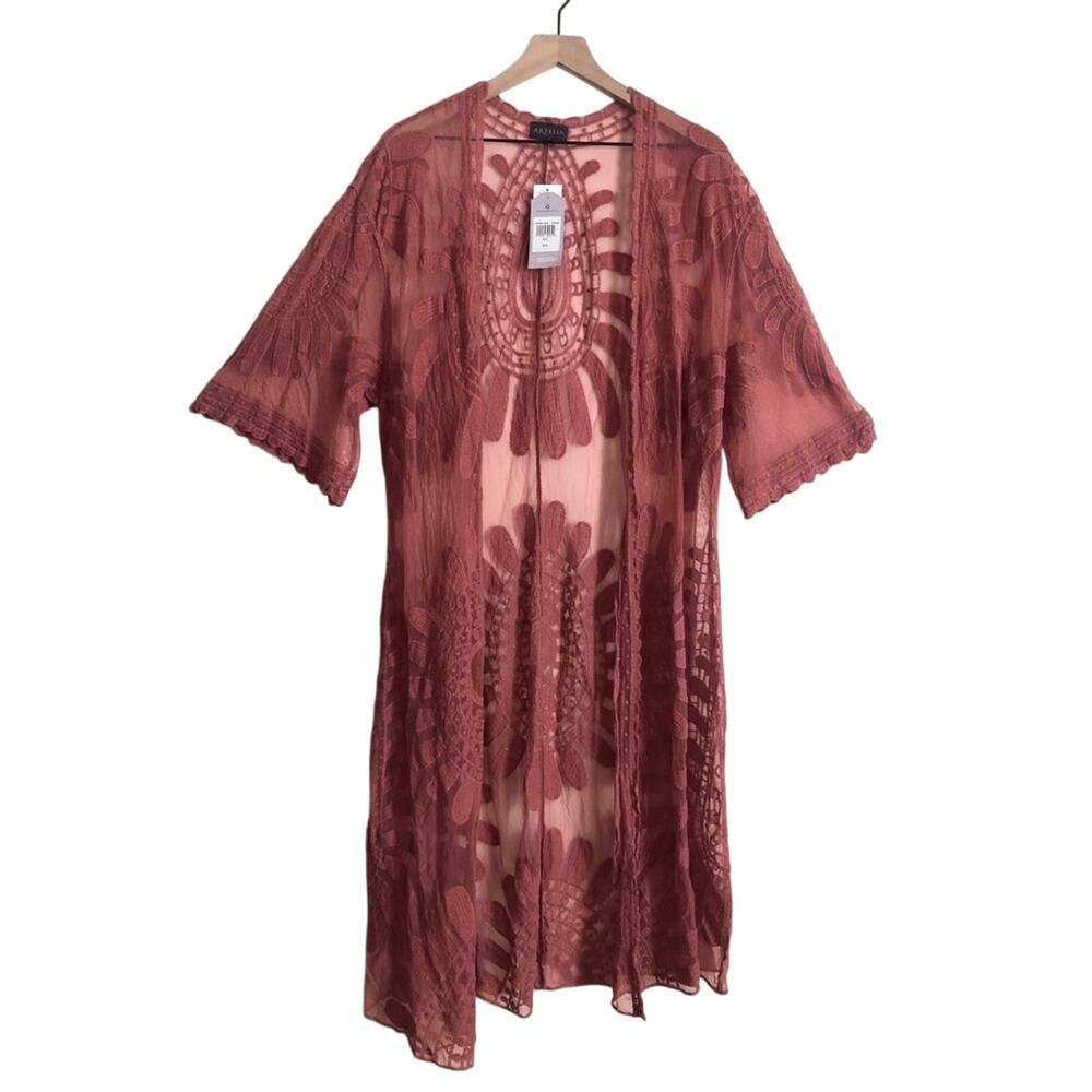 NWT Artesia Vintage Rose Pink Sheer Lace Kimono Duster Cover Up Tie Front Top